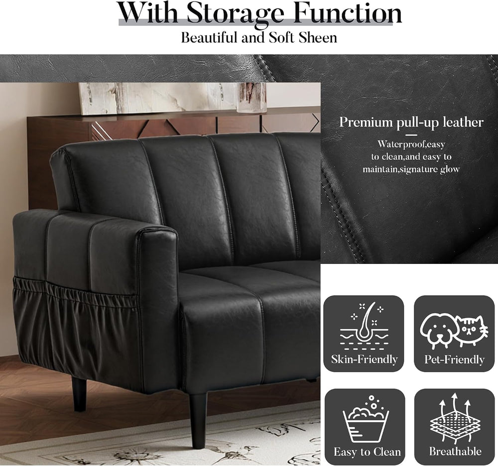 83" Faux Leather Futon Couch,Mid Century Modern Leather Sofa(Black)