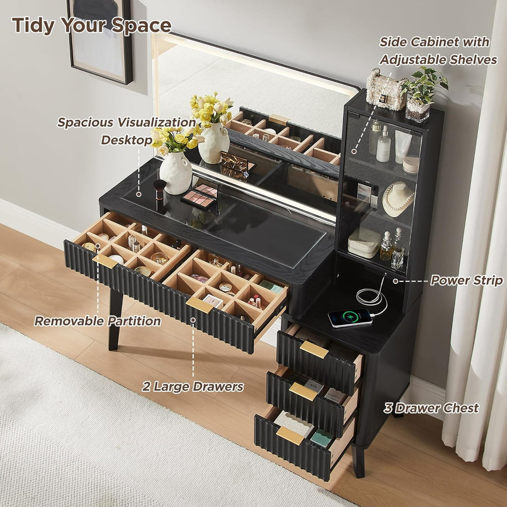 T4TREAM 48" Fluted Makeup Vanity Desk with 36" Lighted Mirror, Blac...