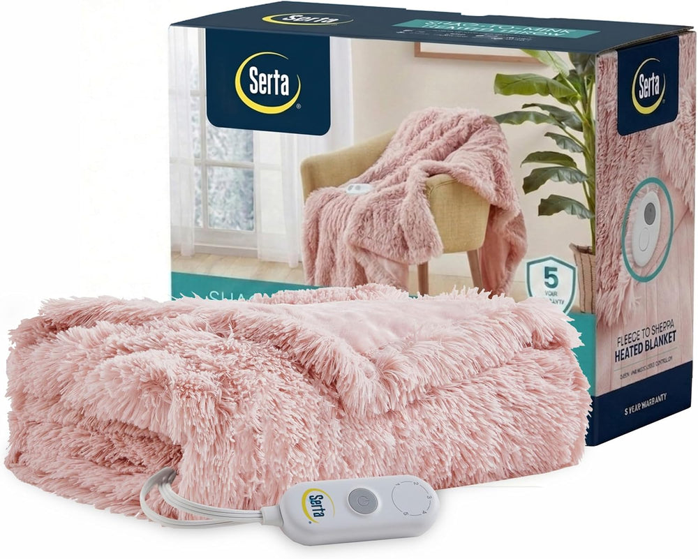 Serta Heated Electric Throw - Shaggy Faux Fur, 5 Heat & Washable
