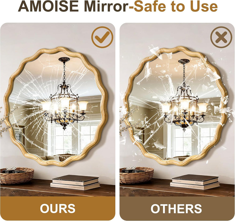 AMOISE Round Wavy Wall Mirror, 28" Circle Boho Scalloped Mirror