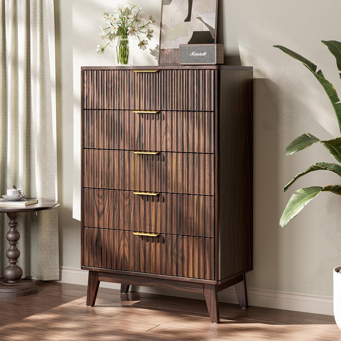 5-Drawer Dresser Fluted Drawers, Mid-Century, Walnut