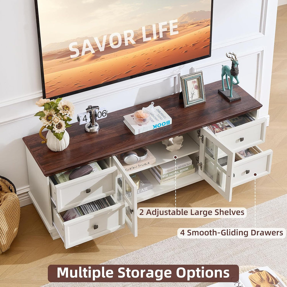 SAVOR LIFE Farmhouse TV Stand and Coffee Table Set 4 Piece, White | Living Ro...