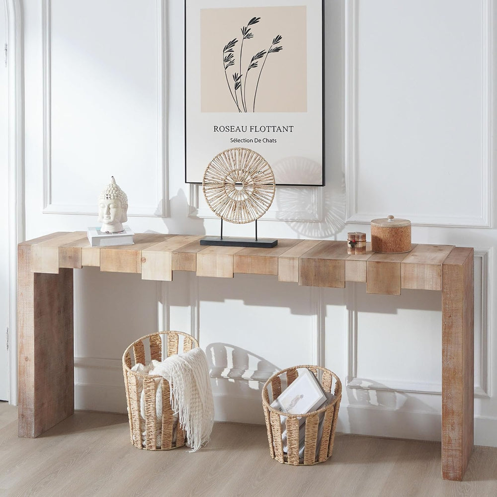 71" Rustic Wooden Console Table with Step-Block Design | Mid Century Mod...