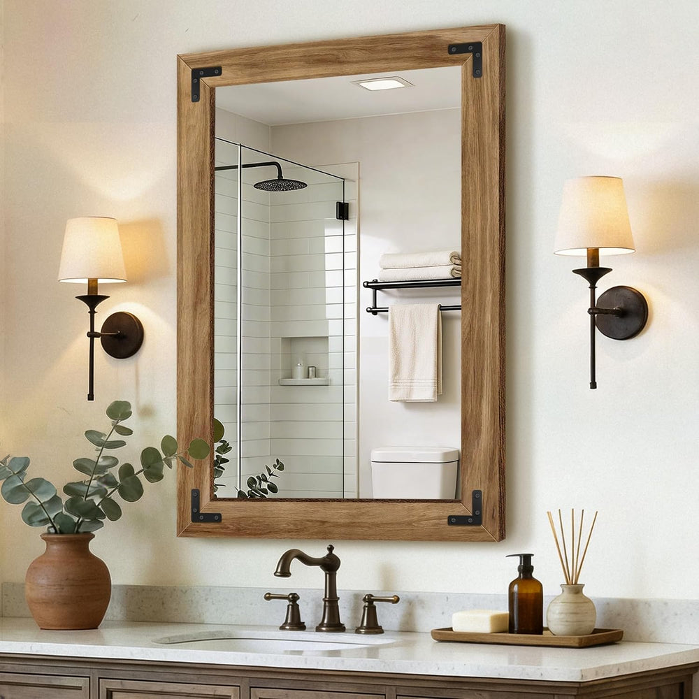 Wood Bathroom Mirror, 26"x38" Farmhouse Mirror for Wall