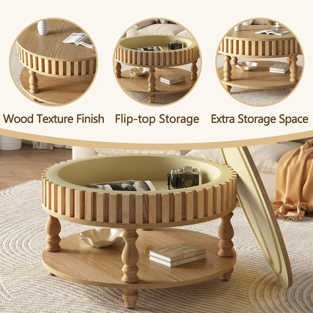 TesNus 31.5'' Round Coffee Table with Storage, Modern Wood Coffee Tab...