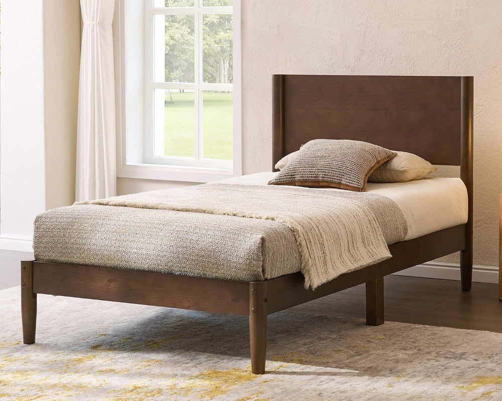 AMERLIFE Solid Wood Twin Bed Frame, Mid Century Bed with Headboard, Walnut