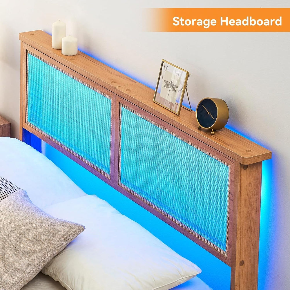 coucheta Bohemian Queen Rattan Bed LED Natural Headboard Bedroom