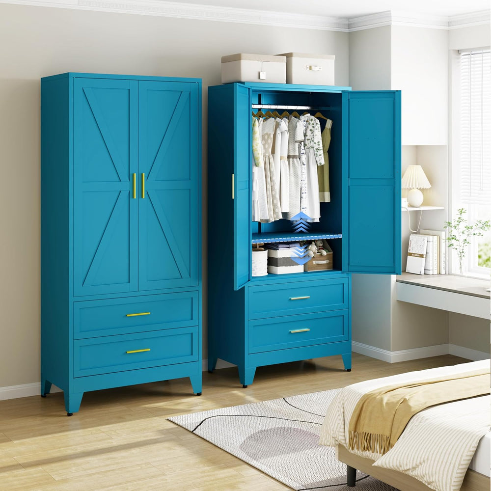 71" Metal Wardrobe Closet Clothing Storage Cabinet with 2 Drawers