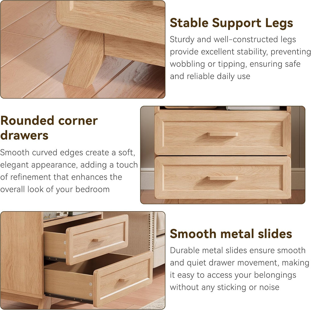 YANSNWO Natural Nightstand with Charging Station, 23.6" Tall Bedside Table