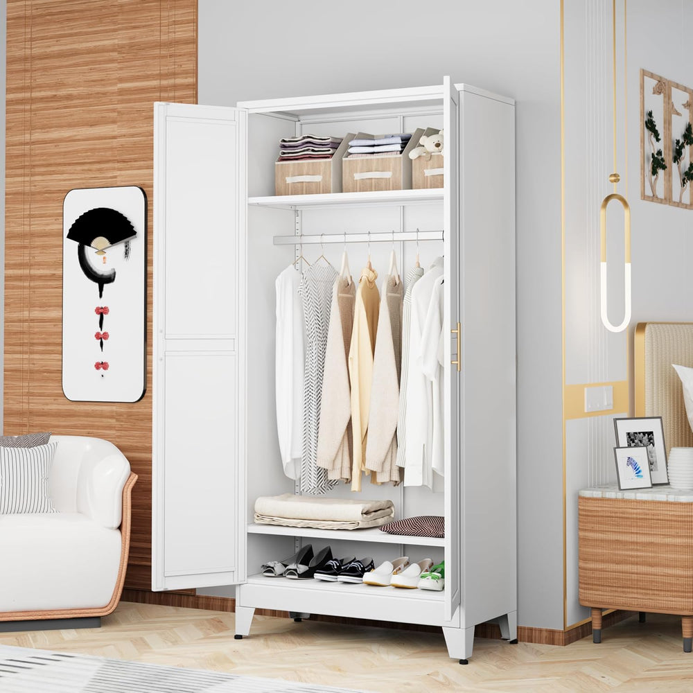 Metal Armoire Wardrobe Closet Storage Cabinet with Hanging Rod
