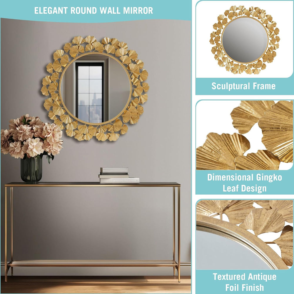 Martha Stewart Wall Décor Large Gingko Leaf Round Wall Mirror for Living Room...