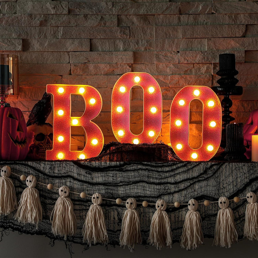 Baquler 3 Pcs Halloween Boo Sign Light up Marquee LED Letters,Pink