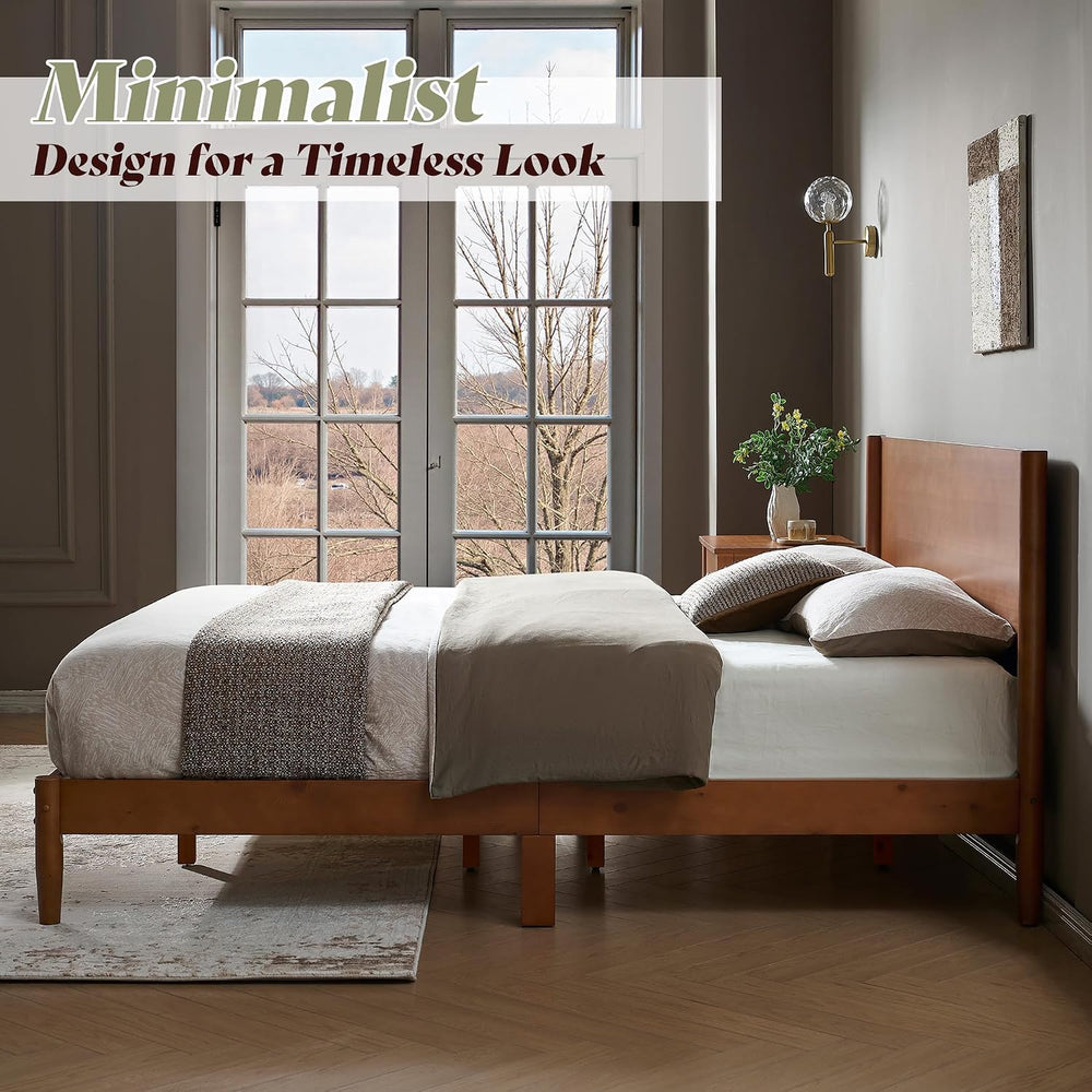 AMERLIFE Solid Wood Full Bed Frame, Mid Century Bed with Headboard, Brown