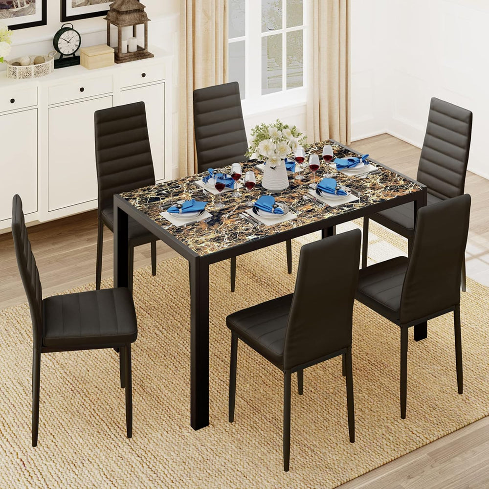 Gizoon Marble 7 Piece Glass Dining Table Set, Kitchen Table and Chairs Set