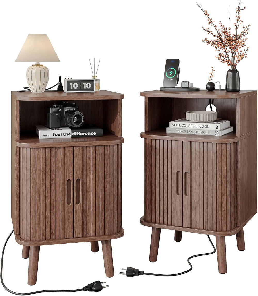 Whalefall Night Stand Set of 2 with Charging Station, Mid Century Modern Flut...