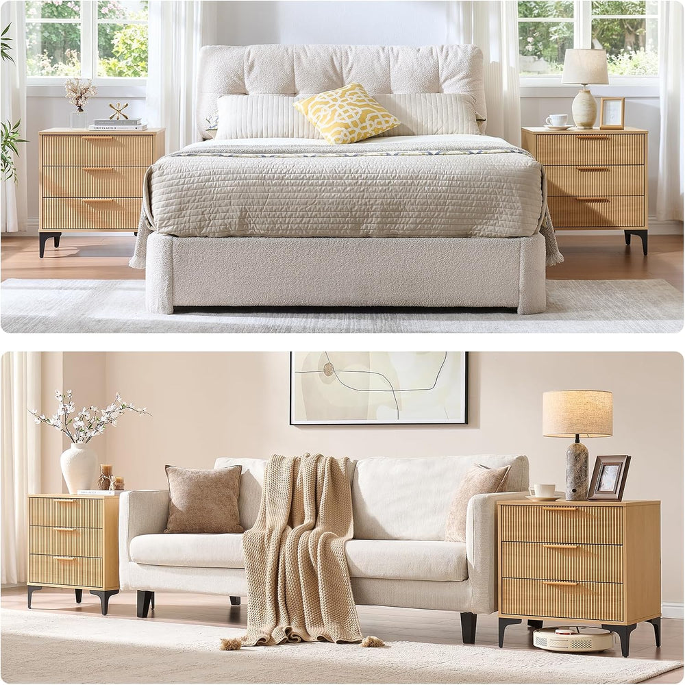 3-Piece Fluted Bedroom Set, 6 Drawer Dresser & 3 Drawer Nightstands