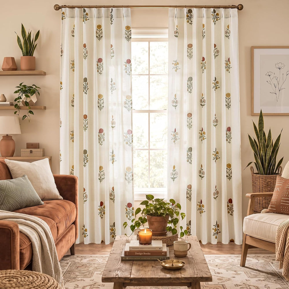 Pinch Pleated Fall Floral Curtains for Living Room, Burnt Orange and Green Li...
