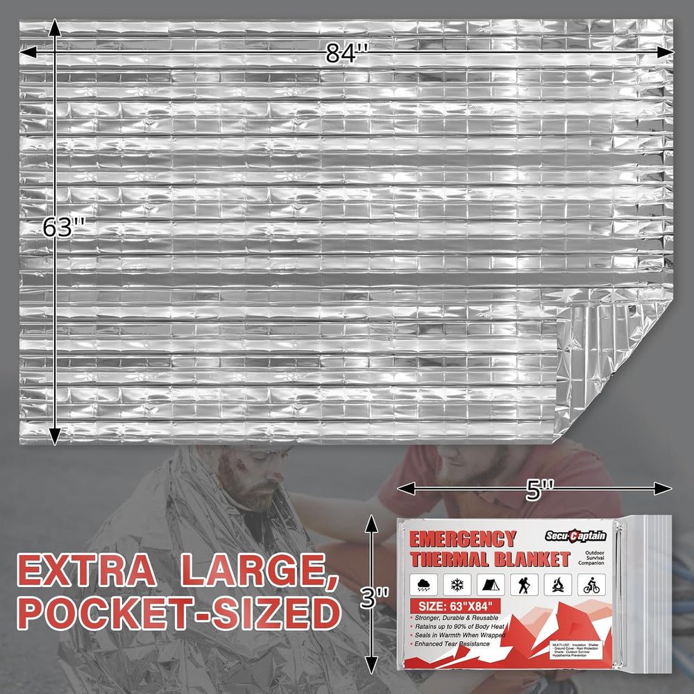 SecuCaptain Survival Emergency Thermal Blankets: 100 Pack Extra Large 84โ x63...