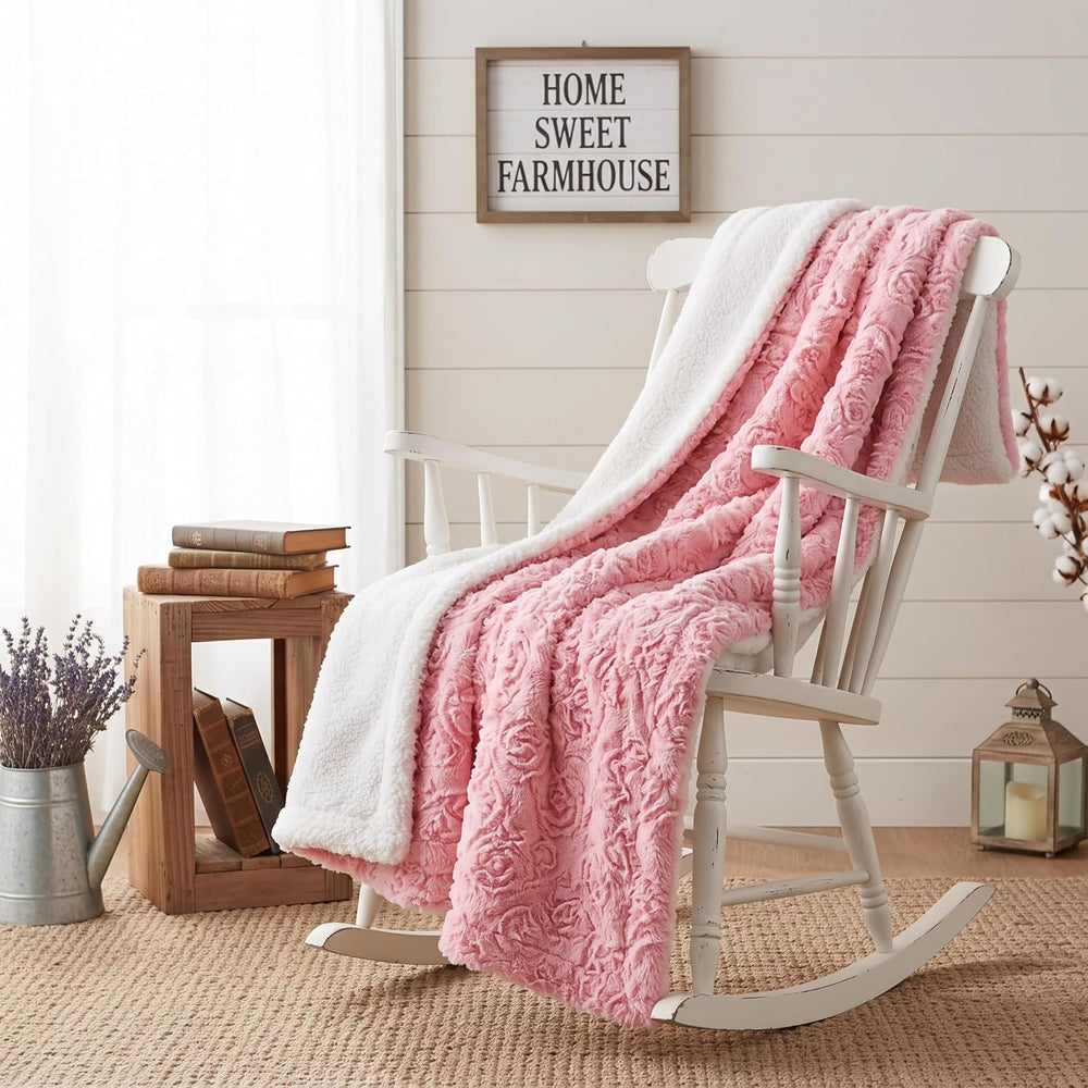 DaDa Bedding Pink Faux Fur Sherpa Blanket, 90 x 90 Inches