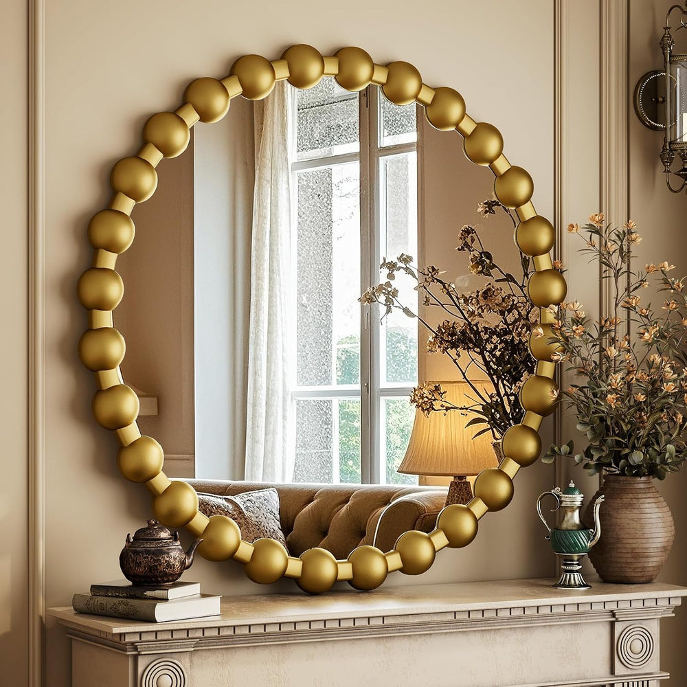 Easly Round Mirror for Wall, 24 Inch Gold Beaded Frame Decorative Vanity Mirr...