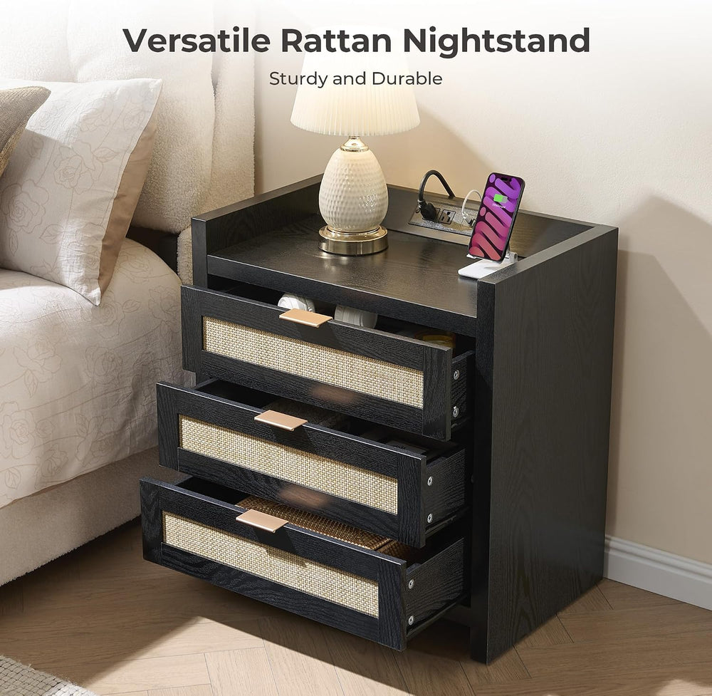 SICOTAS Nightstands Set of 2 : Rattan Tall Bedside Table with 3 Drawers | Far...