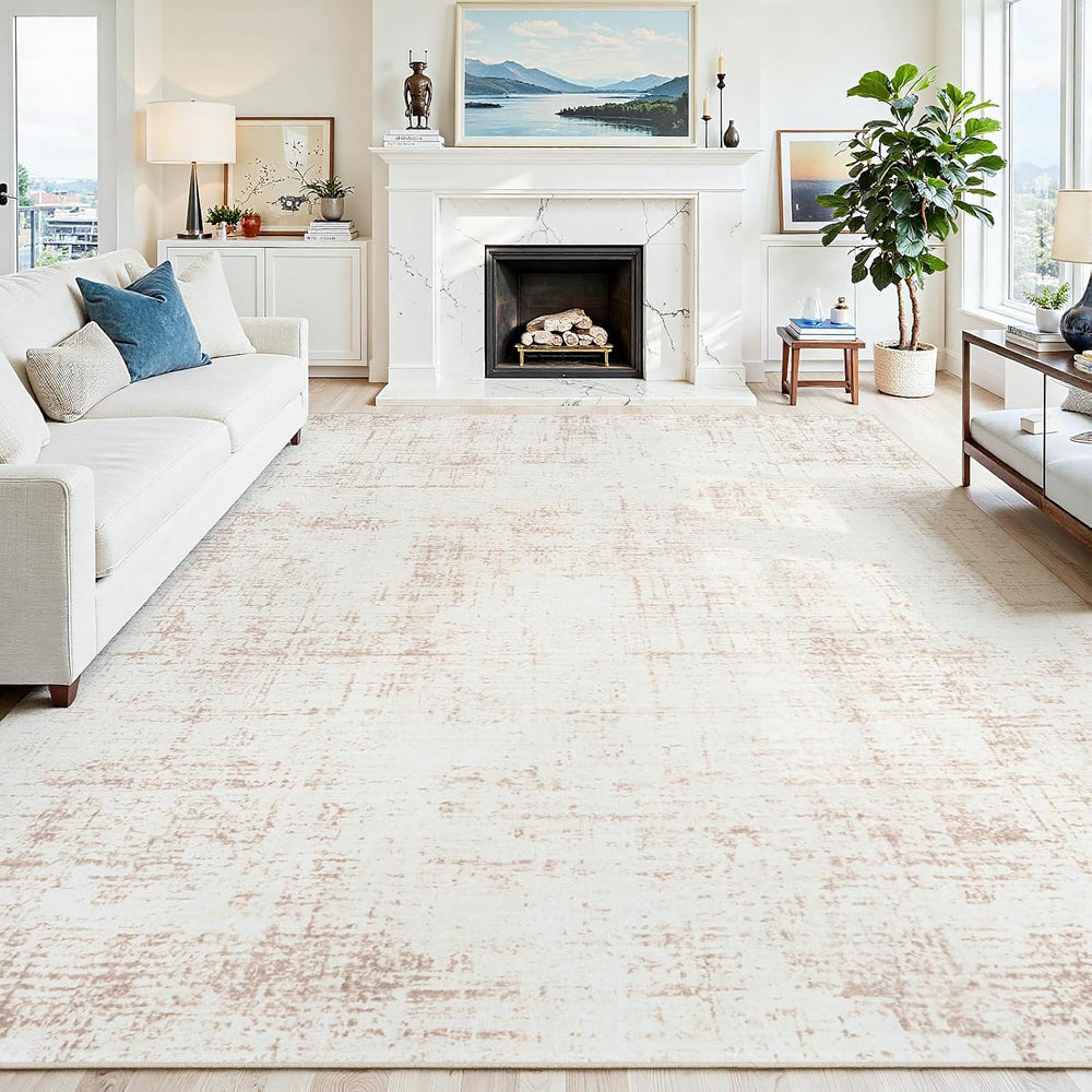 9x12 Washable Area Rug for Living Room Bedroom: Non-Slip Modern Beige White