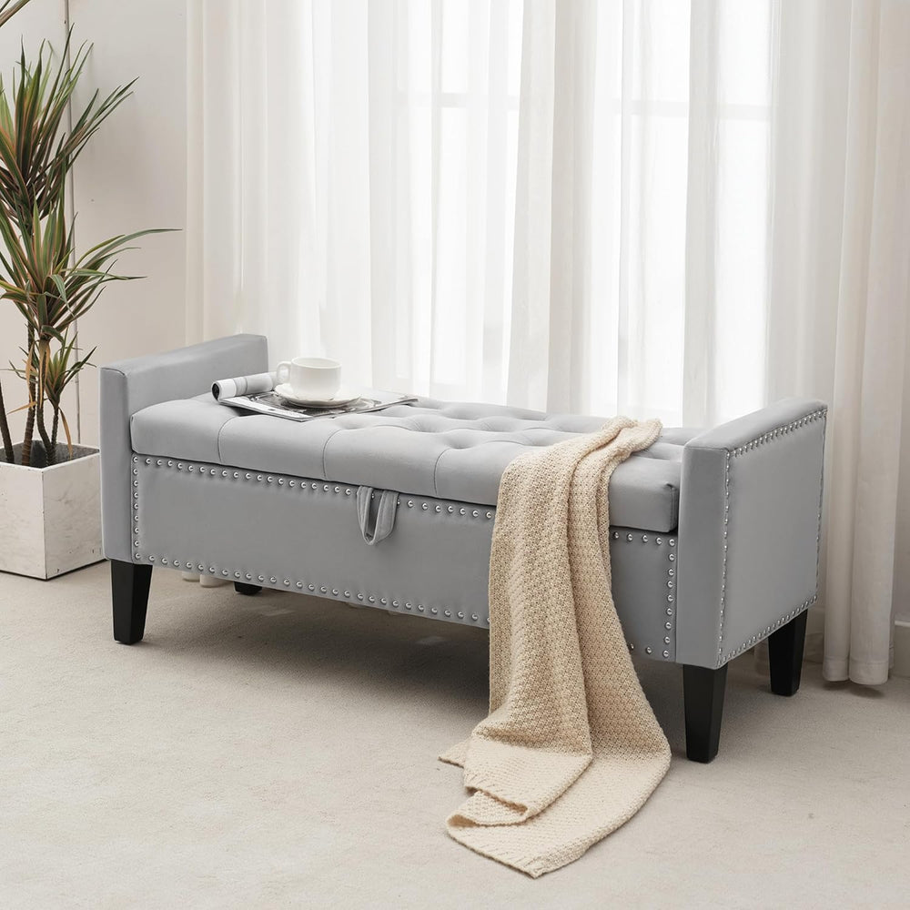 Storage Ottoman Bench, Velvet Upholstered Footstool for Bedroom and Living Ro...