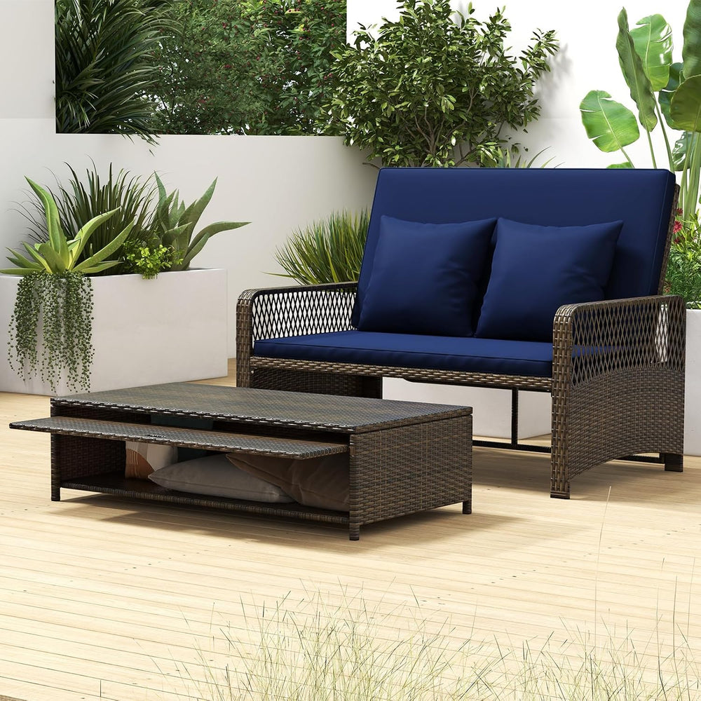 Tangkula Patio Rattan Daybed with 4-Level Adjustable Backrest, Navy