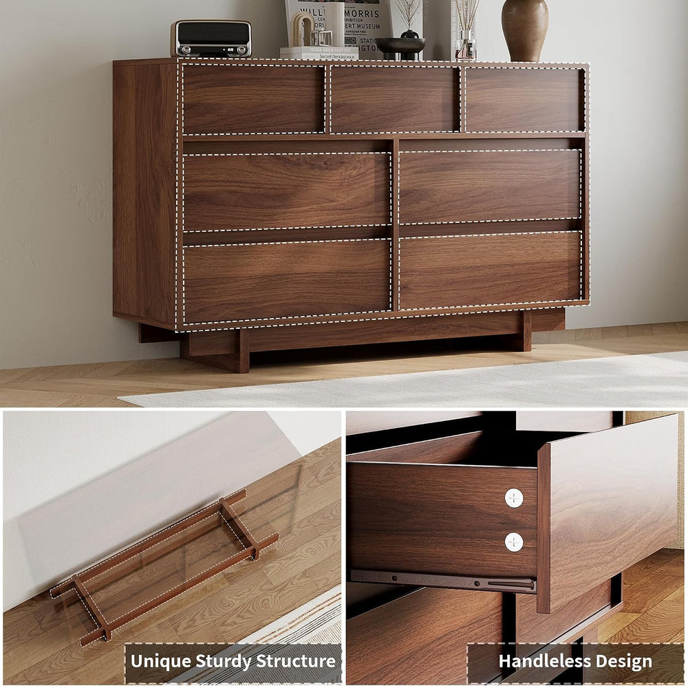 7 Drawer Walnut Dresser for Bedroom, 51.5" Wide Mid Century Modern Dresser