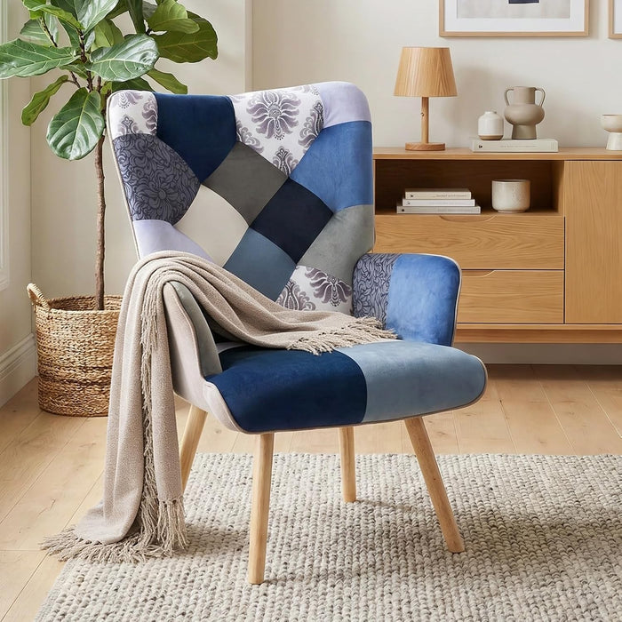Joysoul Living Room Accent Chair, Modern High Back Armchair, Boho Patchwork Fabric Chair, Colorful Upholstered Reading Chair with Solid Wood Legs for Bedroom, Small Space