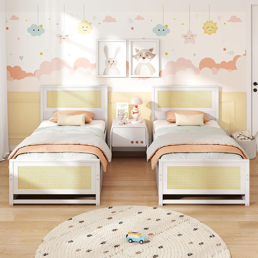 KOMFOTT Twin Rattan Bed Frame with 2 Storage Drawers, Boho Wooden Platform Be...