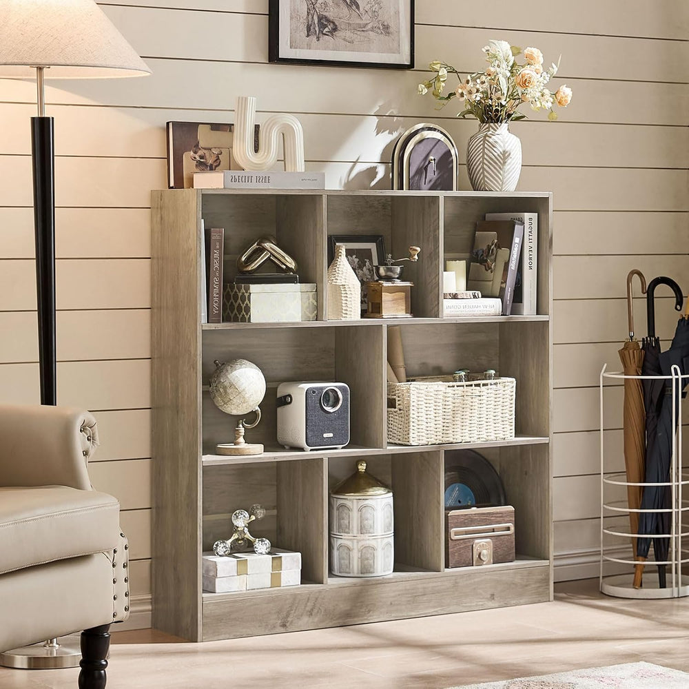 LEYAOYAO 8 Cube Bookshelf with Base,3 Tier Mid-Century Modern Grey Bookcase,S...