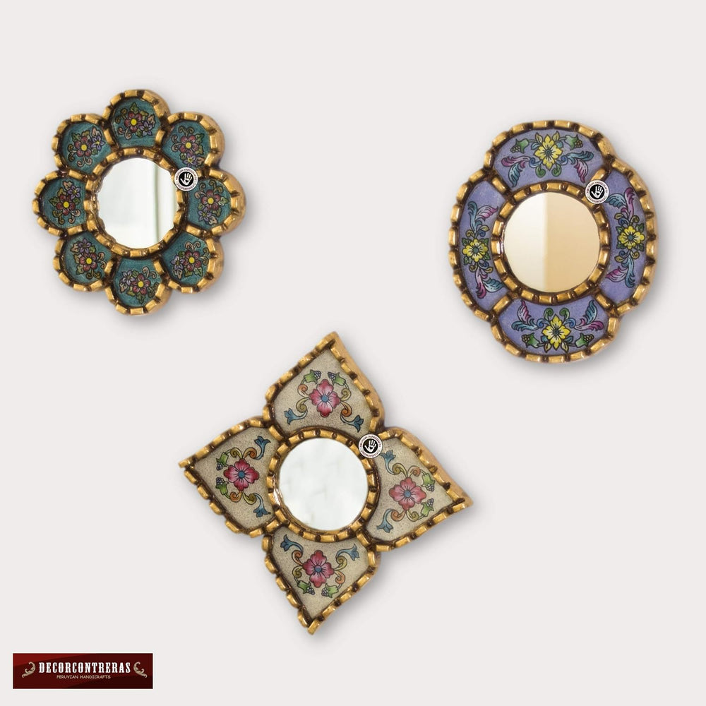 Peruvian Mirror Set 3, Floral Shapes, Turquoise Purple Beige