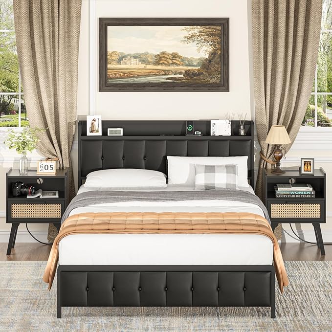 Lerliuo Rattan Nightstands Set of 2 with Charging Station, Black Bedside Tabl...