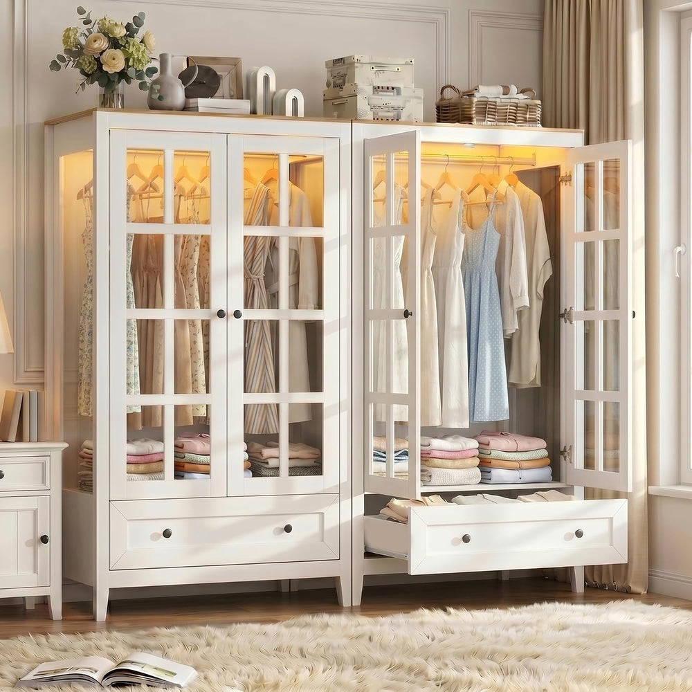 Gyfimoie Armoire Wardrobe Closet with LED Lights, 55'' Modern Clothin...