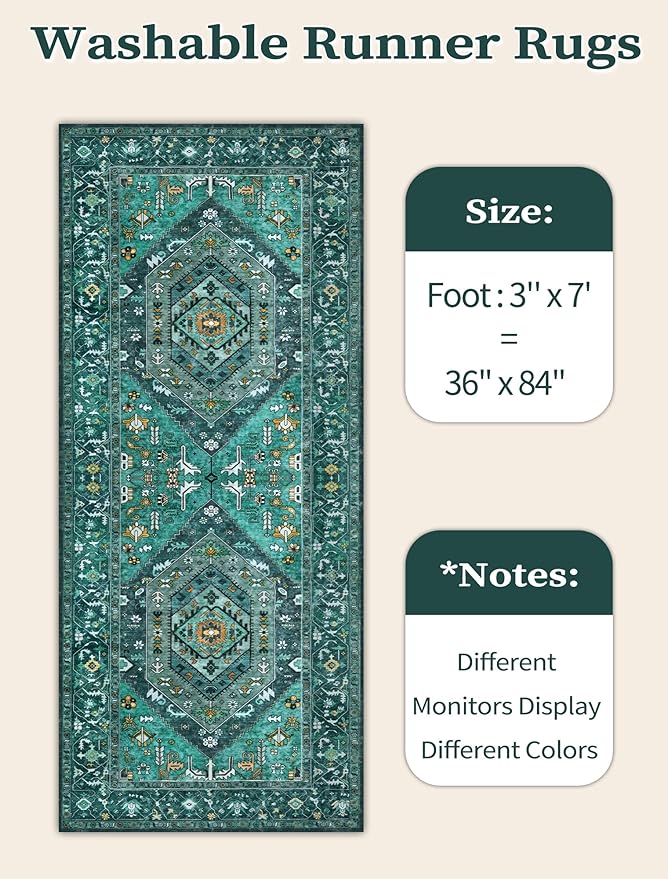 SERISSA Boho Kitchen Runner Rug, 3x7 Washable Non-Slip Runner Rug