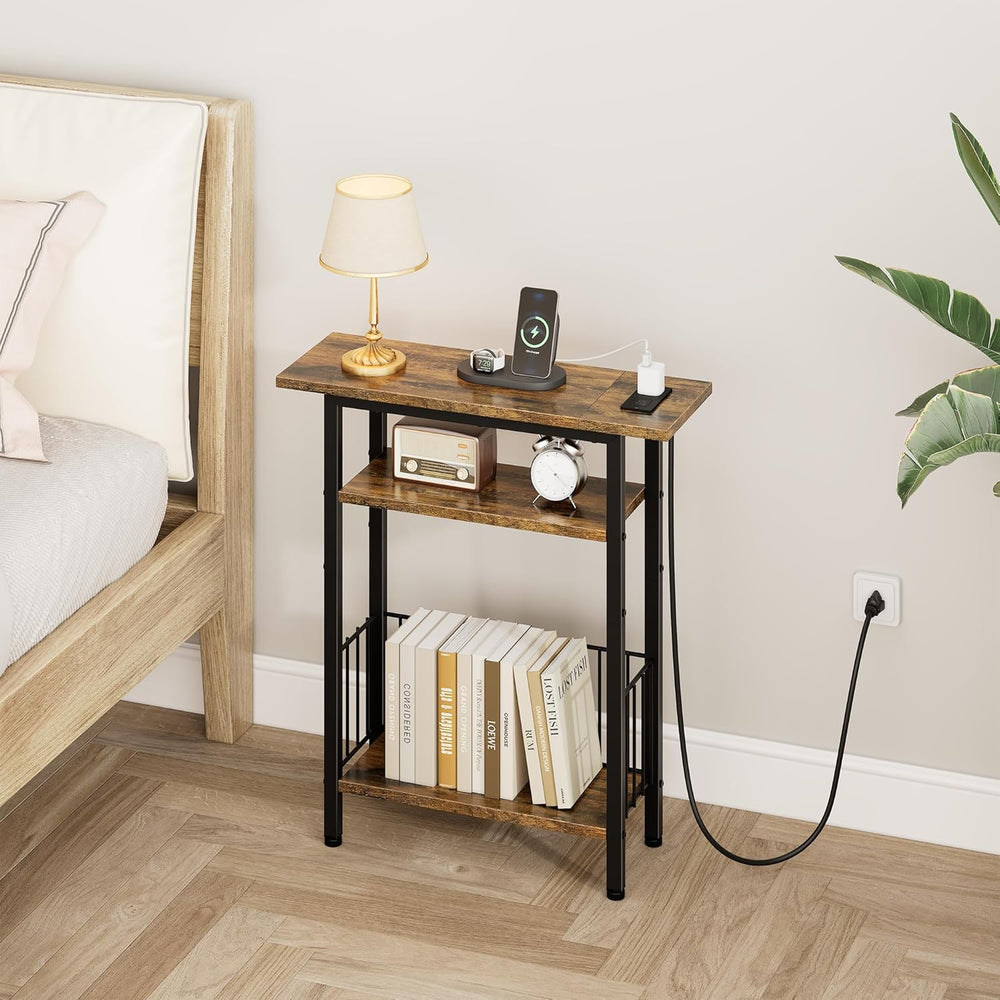 Vagusicc Narrow Side Table with Charging Station, 3-Tier Skinny Side End Tabl...