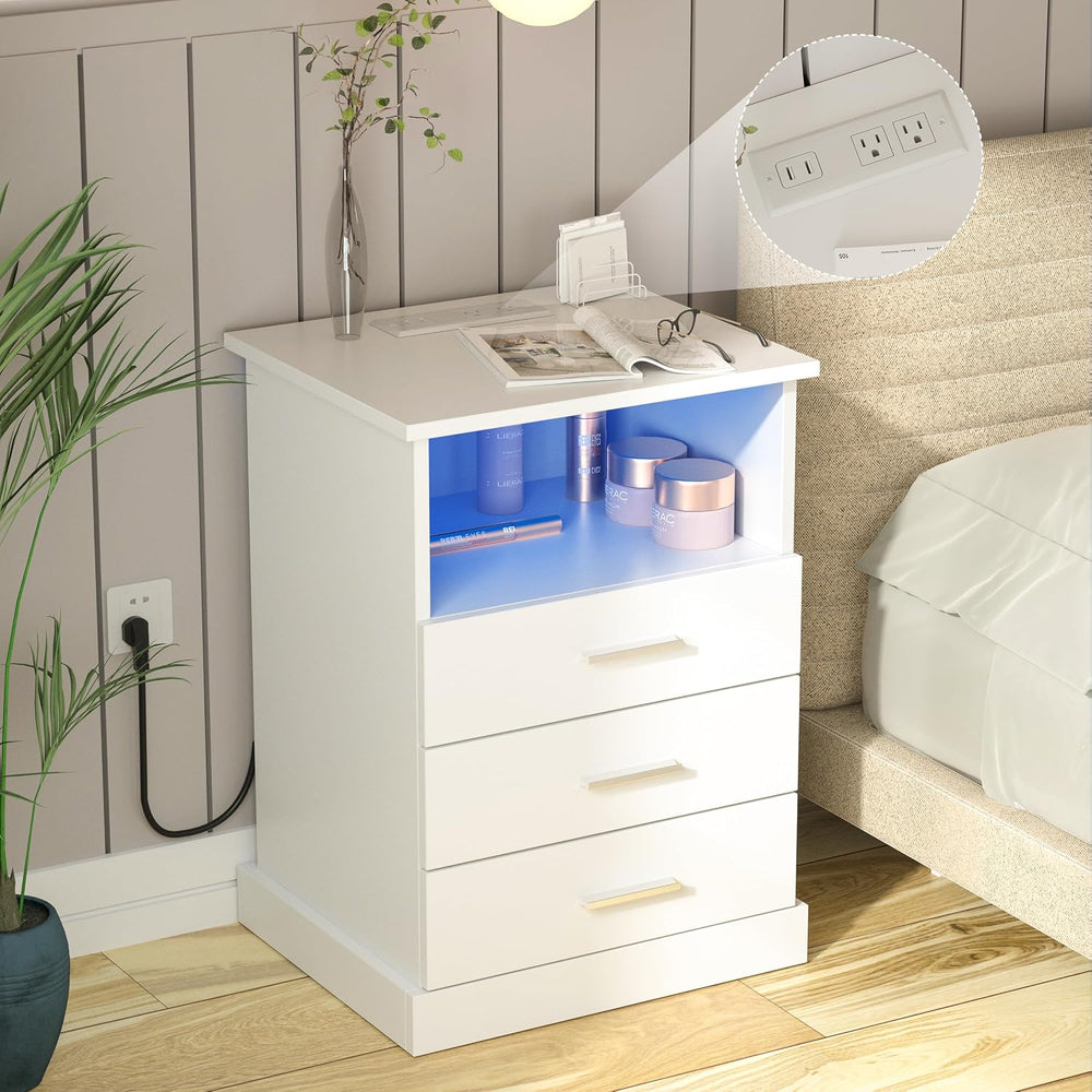Nightstand with Charging Station, LED Lights Side Table with 3 Drawers, End T...