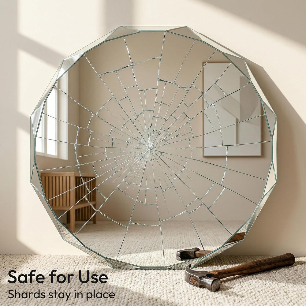 24" Round Frameless Beveled Mirror, Diamond Cut Edge Wall Mirror for Bat...