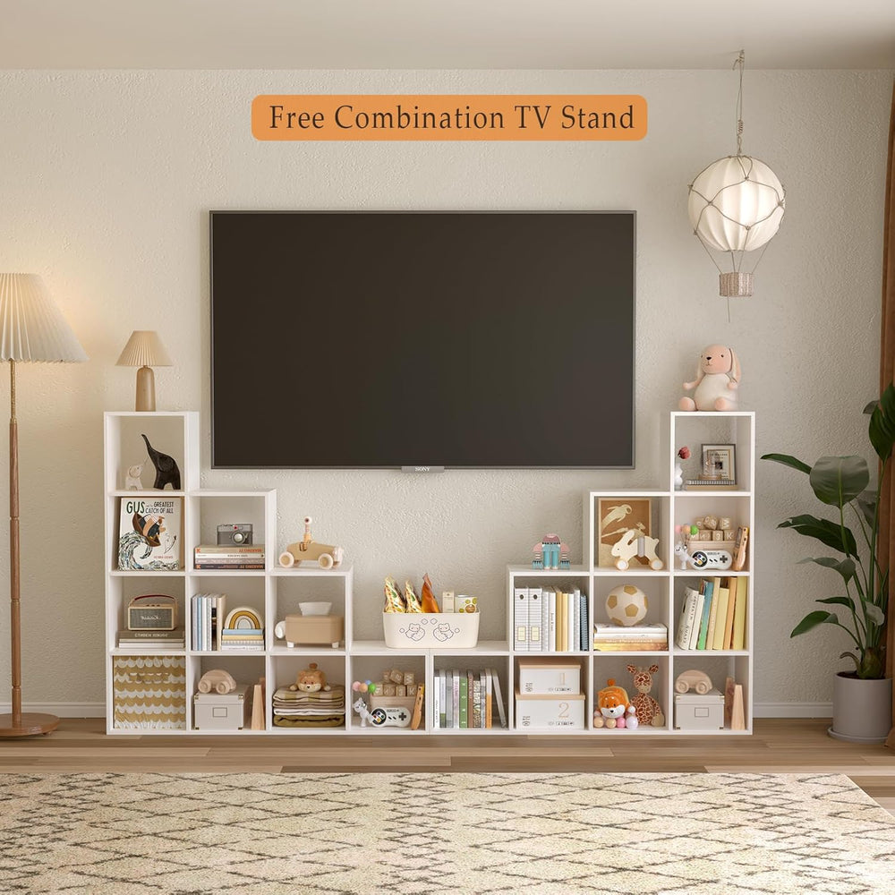 Ladder Cube Storage Bookcase - Wooden L-Shaped 4-Tier Corner Shelf, Reversibl...