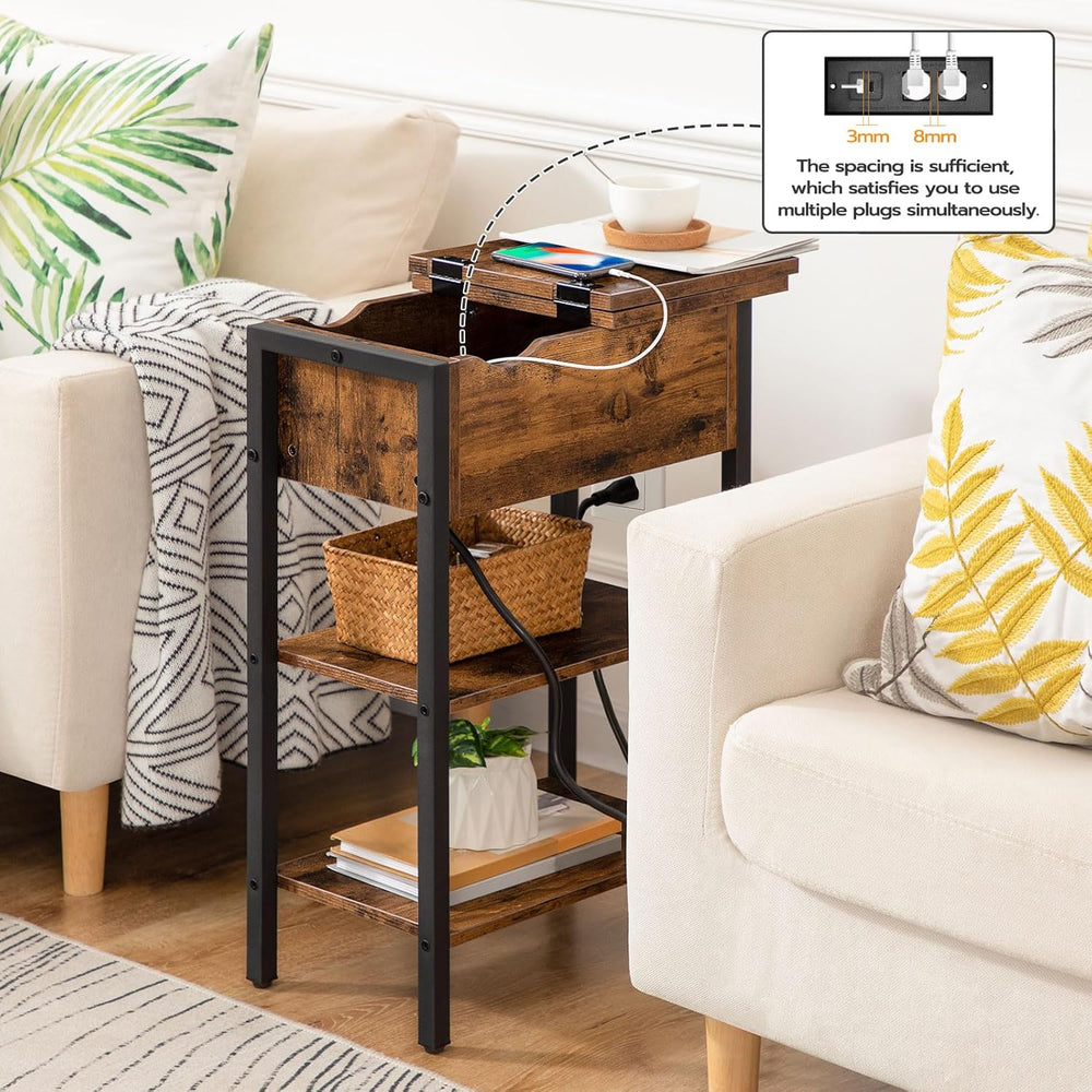 HOOBRO End Table with Charging Station, Narrow Side Table, Flip Top Nightstan...