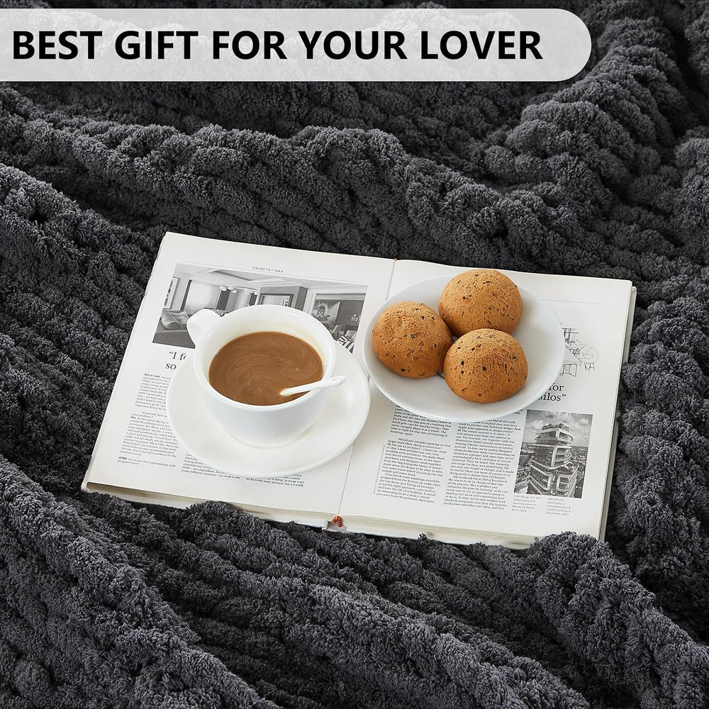 L'AGRATY Chunky Knit Throw Blanket for Couch, 50 x 60 Inches, Dark Grey