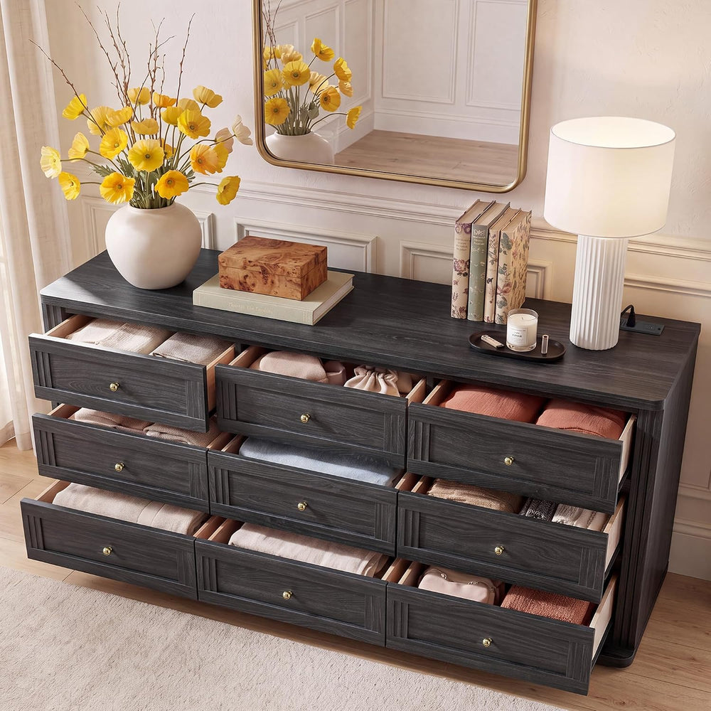 9 Drawer Dresser for Bedroom, 63โ Chest of Drawers with Charging Station