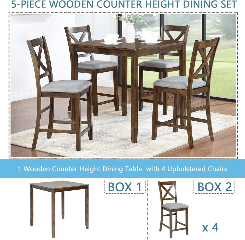 5 Piece Dining Table Set for 4, Solid Wood Square Dining Table Set, Counter H...