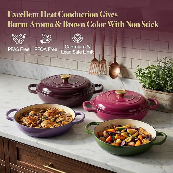 3 Quart Enameled Cast Iron Braiser, Non Stick Enameled Cast Iron Skillet