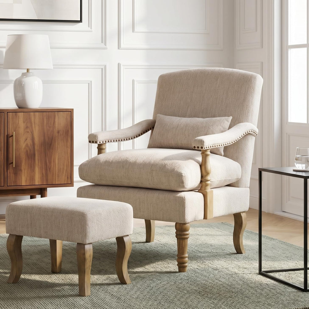 Accent Chair with Ottoman, Farmhouse Armchair, Natural Beige