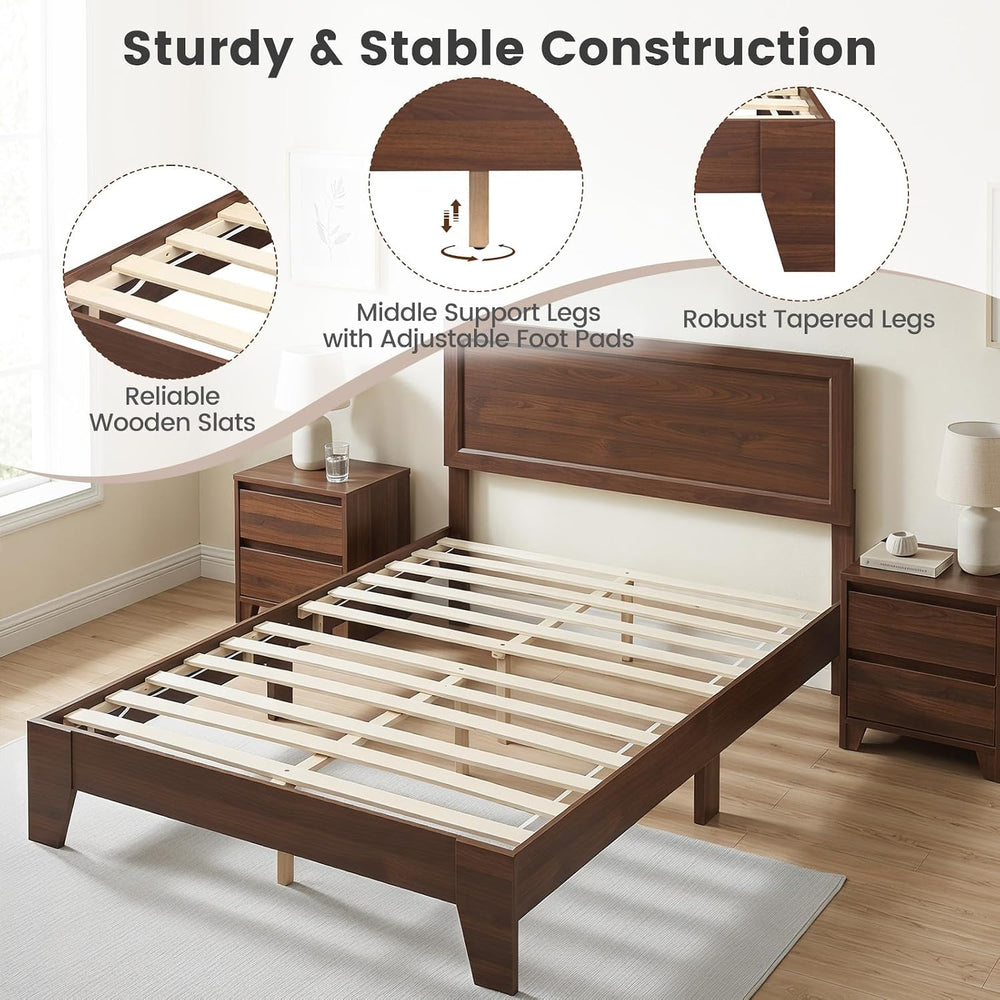 KOMFOTT Full Size Bed Frame, Mid-Century Modern Platform Bed with Headboard, ...