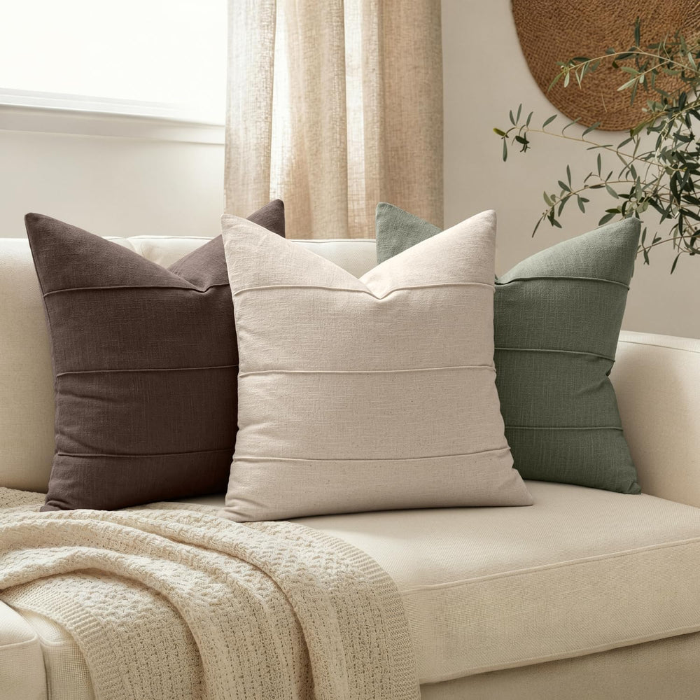 MIULEE Euro Decorative Linen Throw Pillow Covers 26x26 Beige Striped