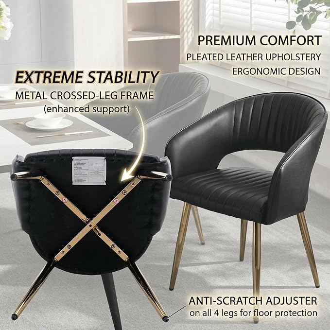 Faux Leather Dining Chairs Gold Legs, Modern Black PU Leather Dining Room Cha...