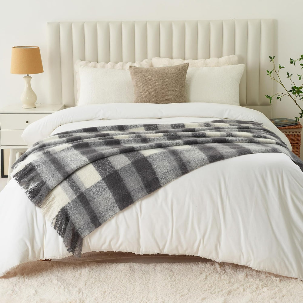 Black Grey Plaid Throw Blanket for Couch, Soft Mohair Tartan Blanket 50x60
